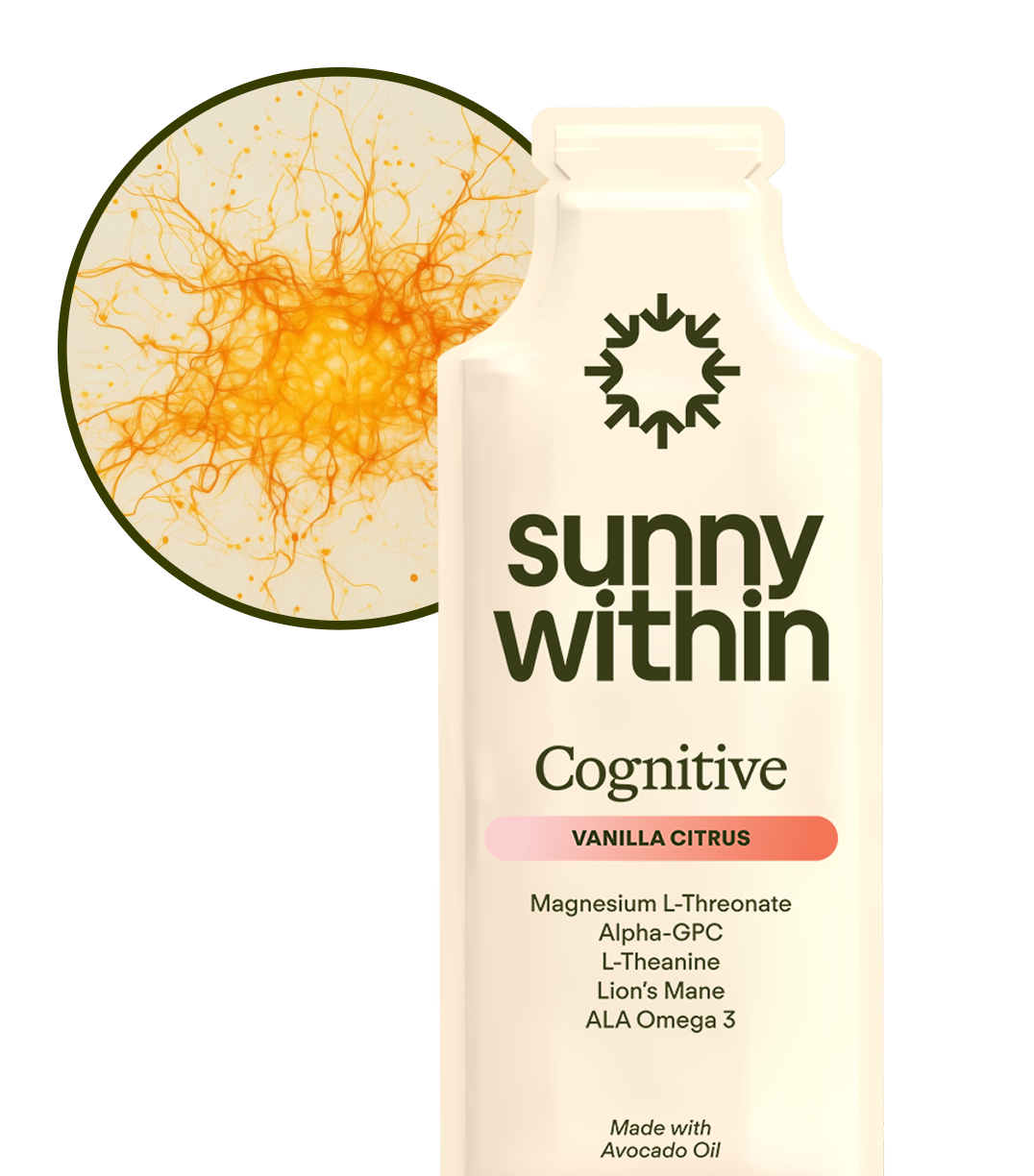 Liposomal supplement bottle by Sunny Within - Fueling radiant skin and energizing cells.