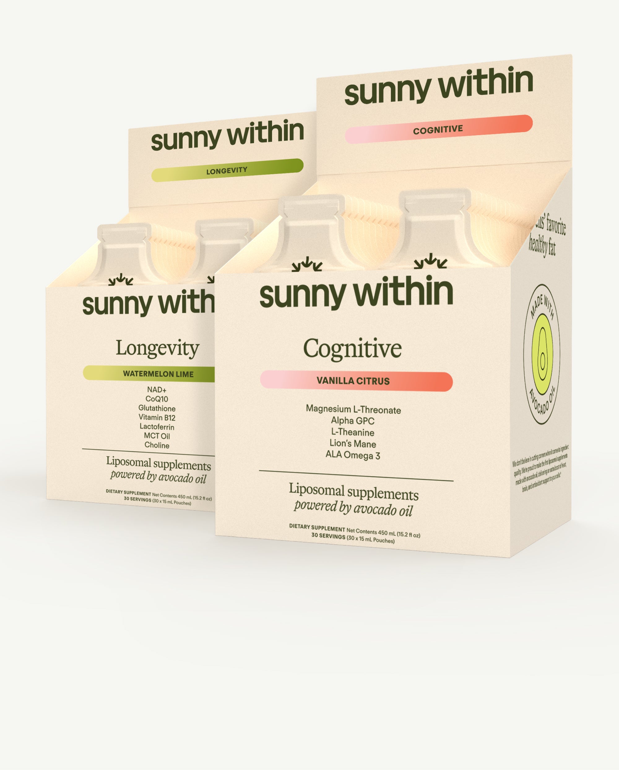 Sunny Within longevity and cognitive support supplements - Nourishing liposomal formulas in minimalist packaging - Fuel fo….