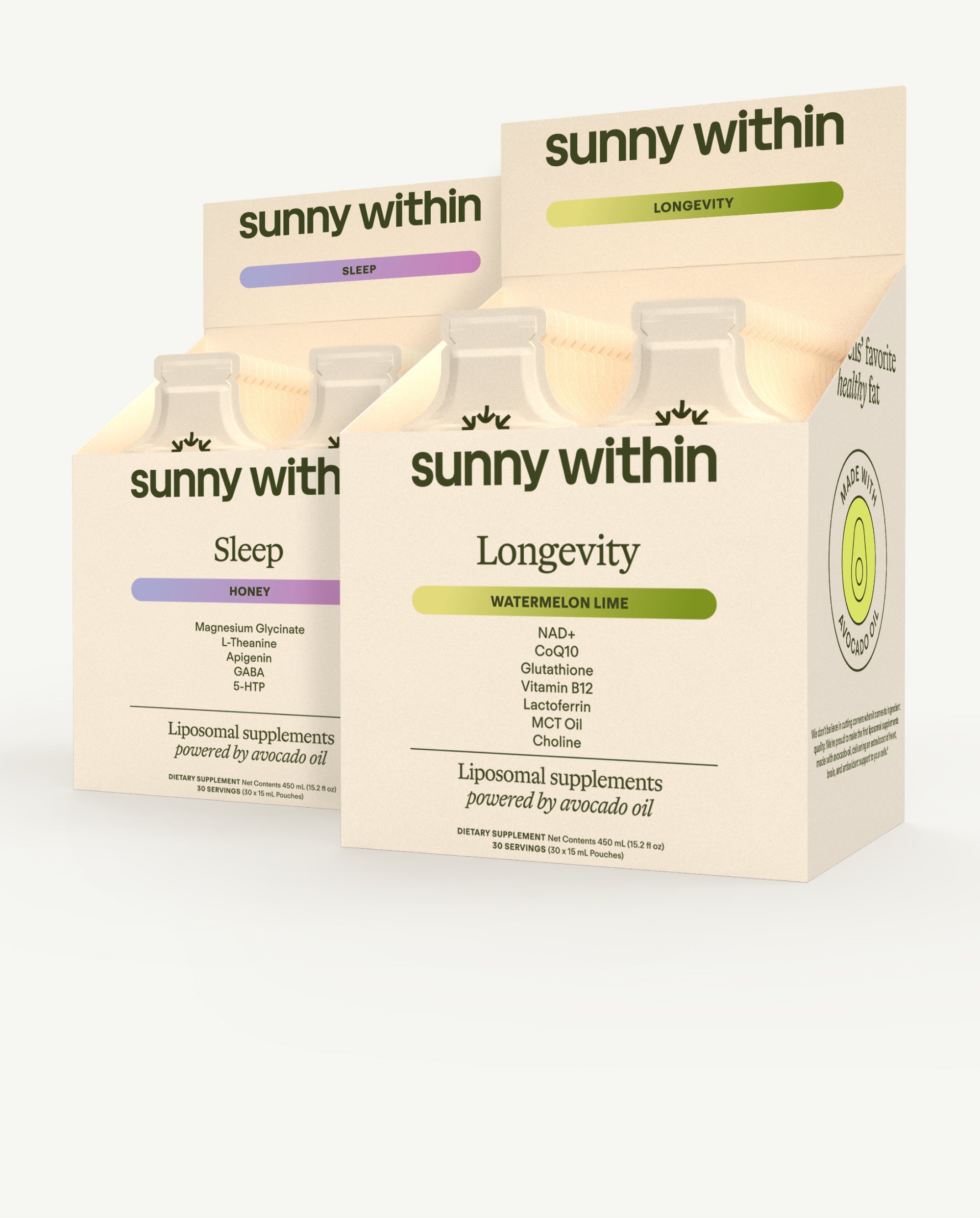 Sunny Within Sleep Longevity Bundle - Liposomal supplements in packaging - Fuels restful sleep and radiant mornings.