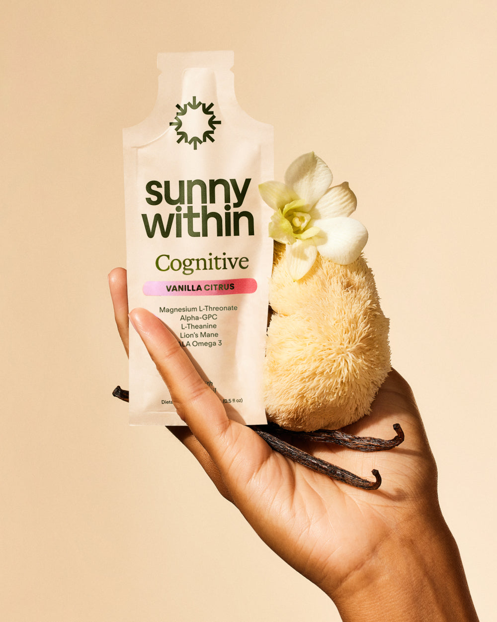 Sunny Within Cognitive Supplement - Radiant bottle amidst golden light - Fuels mind and energizes thoughts.