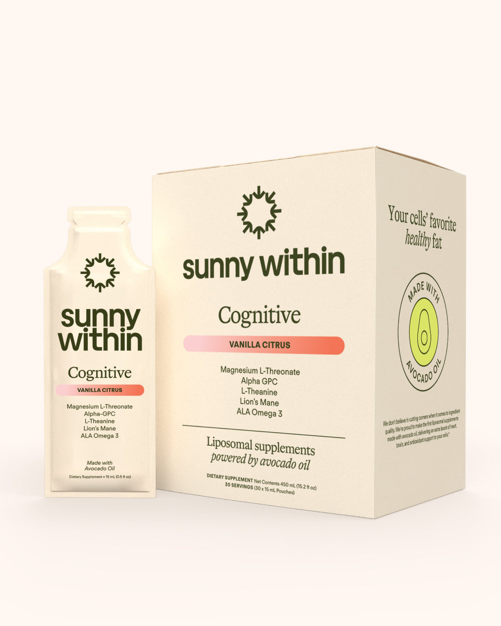 PDP Cognitive 2 - Sunny Within Liposomal Supplement in Organic Avocado Oil Packaging - Fuels Brain Energy and Radiance.