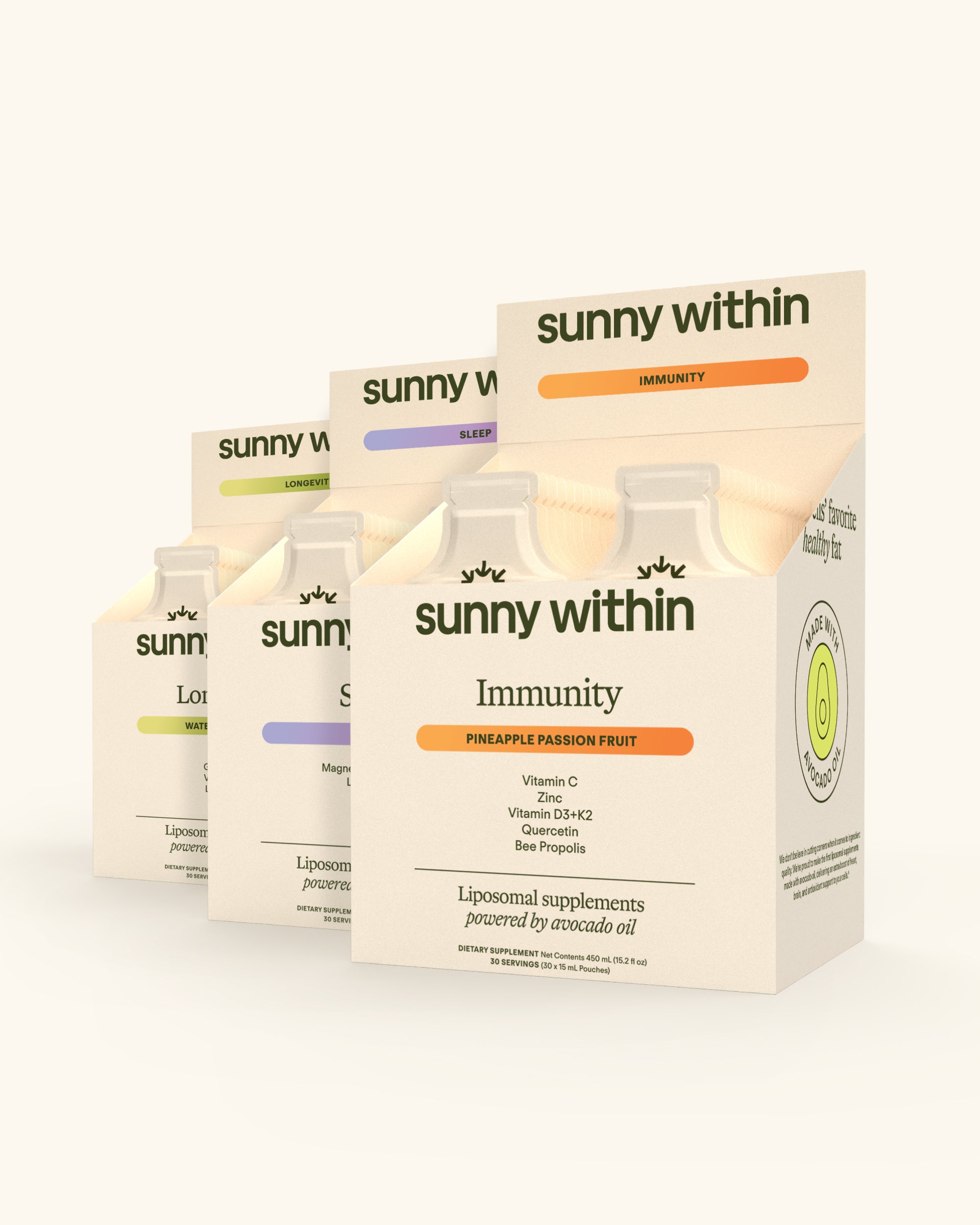 Sunny Within PDP Glow liposomal supplement - bottle with organic avocado oil label - energizes and nourishes skin.