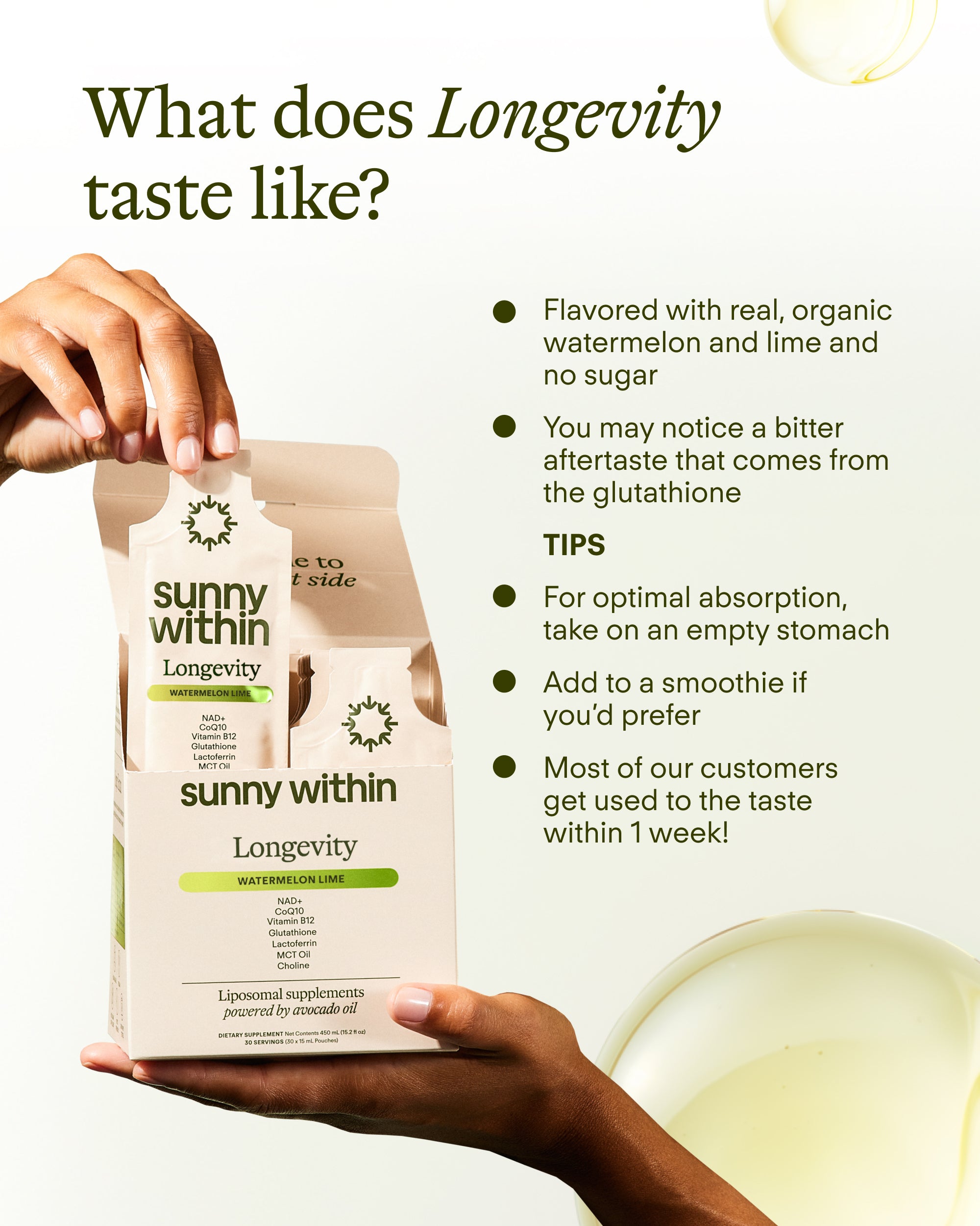 Sunny Within PDP Glow 8 liposomal supplement - Energizing avocado oil blend for radiant skin and vitality.