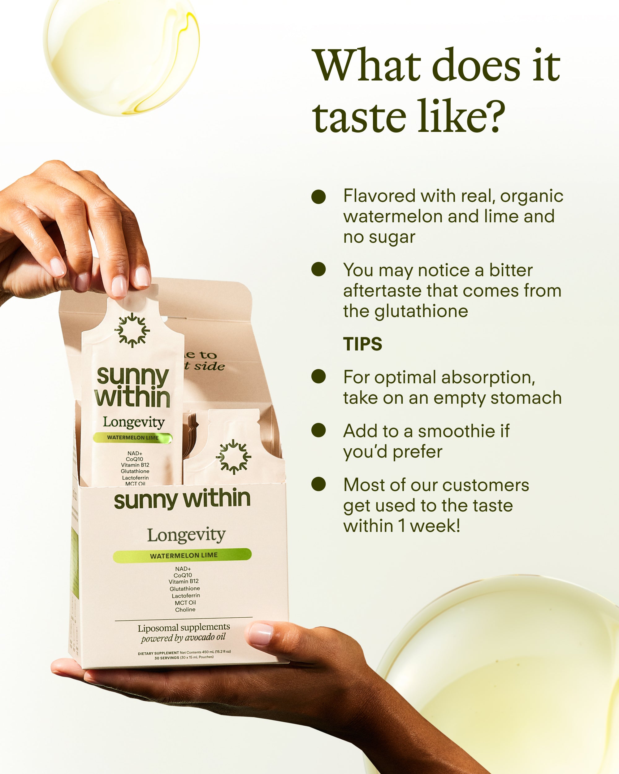 Sunny Within PDP Longevity supplement - Organic avocado oil powered liposomes - Fuels radiant, energized cells.