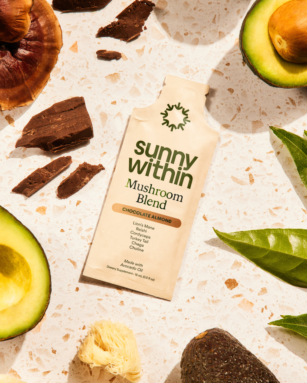Mushroom 7 supplement by Sunny Within Radiant golden liquid in a sleek bottle Nourishes and energizes cells.