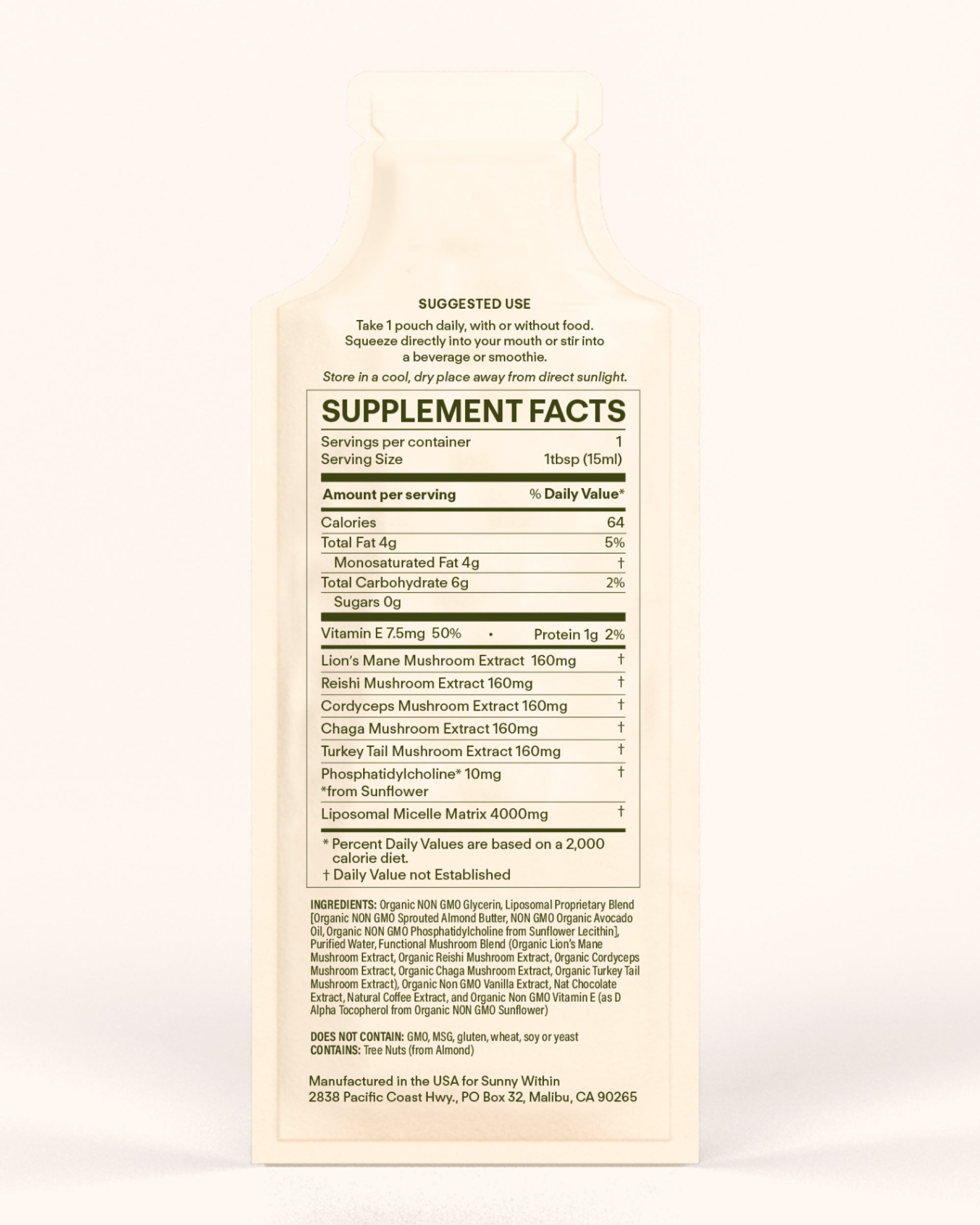 Shroom Bloom supplement - Radiant golden liquid in a sleek bottle - Energizes and nourishes cells.