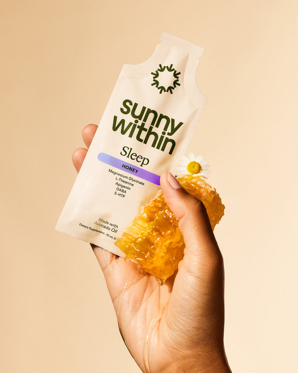 Sunny Within liposomal sleep supplement - Radiant golden liquid in a sleek bottle - Nourishes for restful sleep.