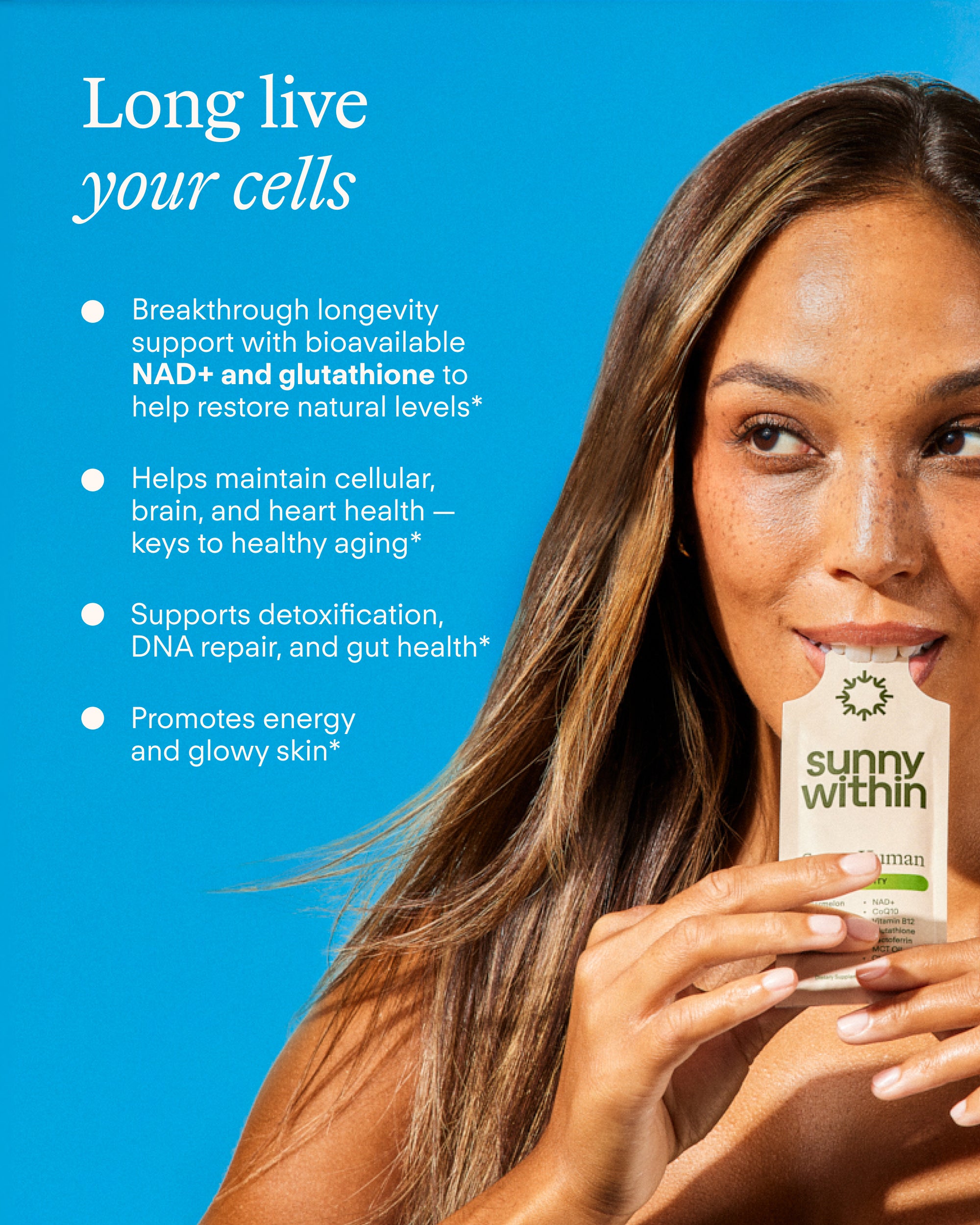 Longevity Sleep Bundle - Joyful customer with radiant smile - Energizes and nourishes for a golden glow.