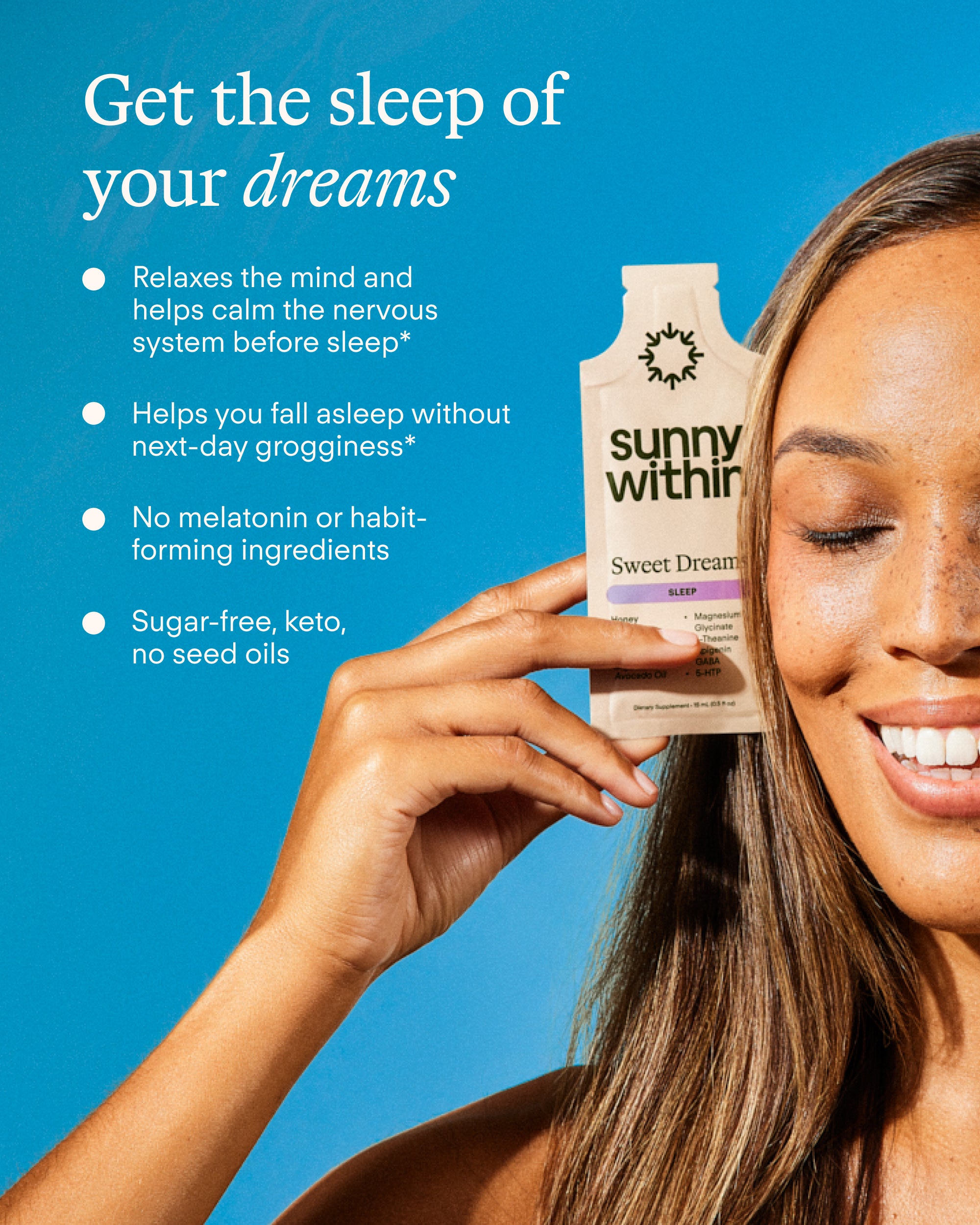 Longevity Sleep Bundle - Radiant woman with a joyful smile - Energizes and nourishes for a golden sleep.