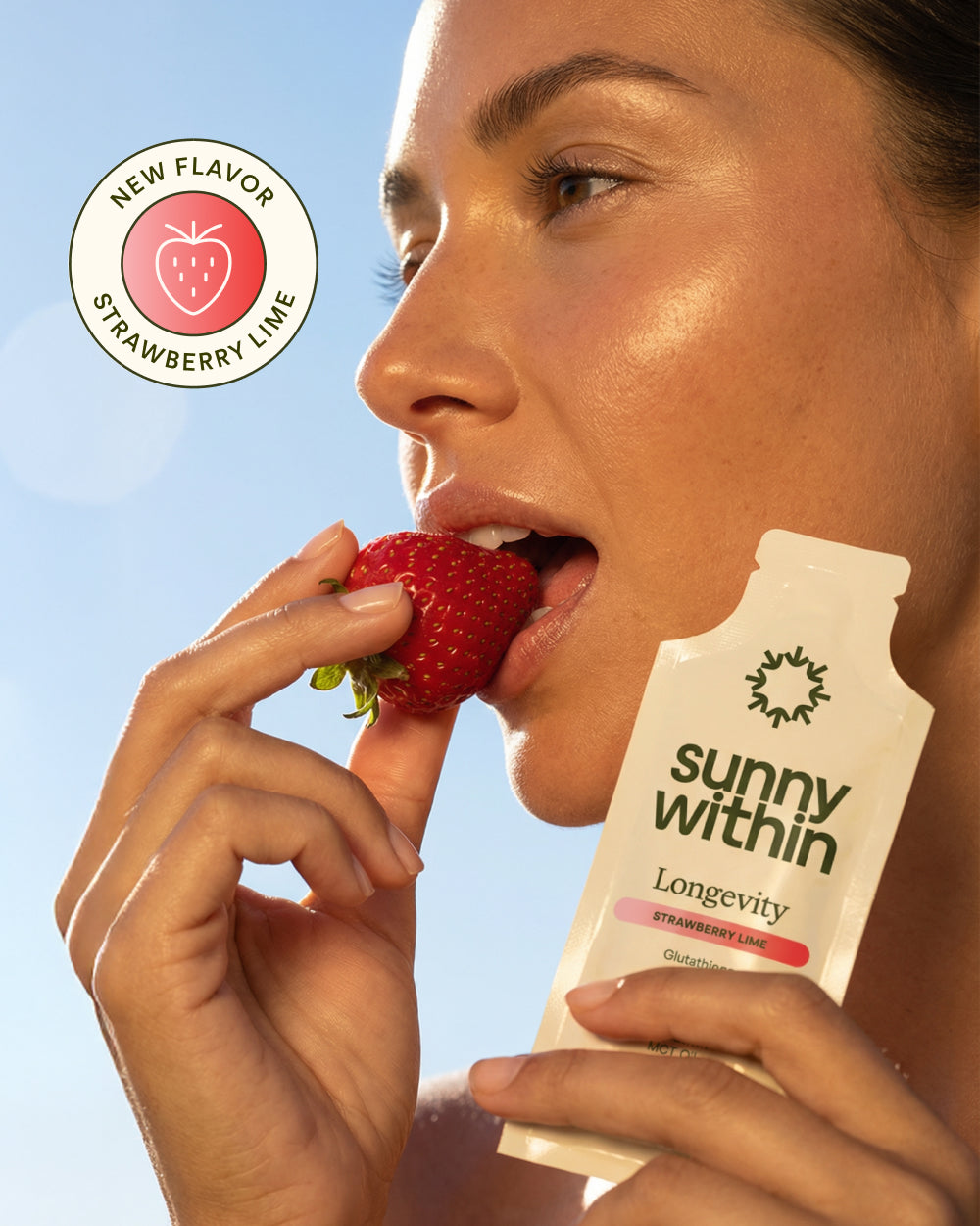 Sunny Within product - Radiant smile after supplement use - Fuels cellular energy and promotes skin glow.