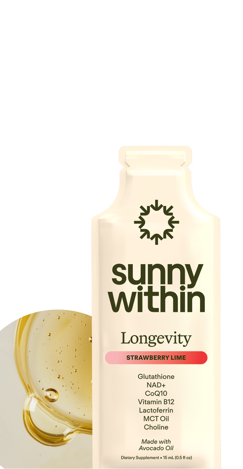 Sunny Within liposomal supplement bottles - nourishing your glow and fueling cellular energy.
