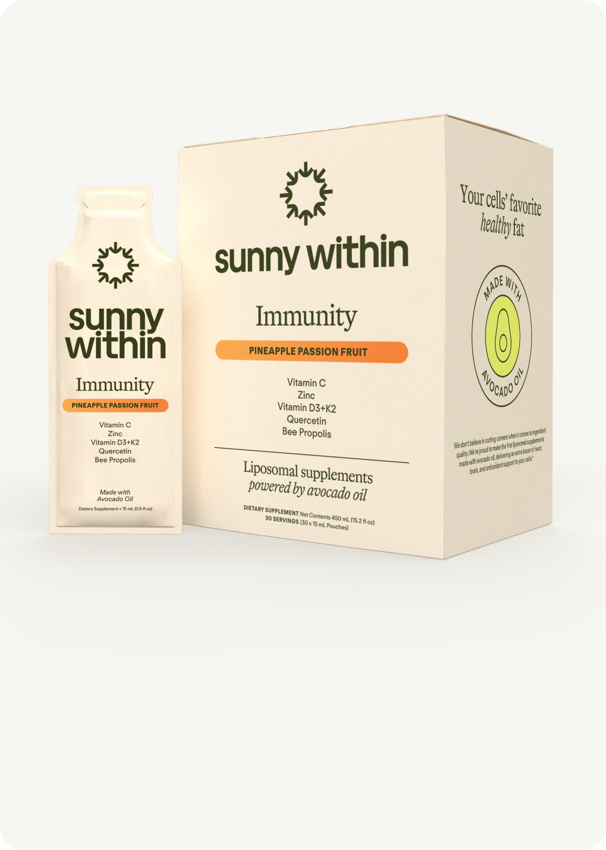 Immunity supplement by Sunny Within - Radiant packaging with organic avocado oil ingredient - Fuels and energizes body.