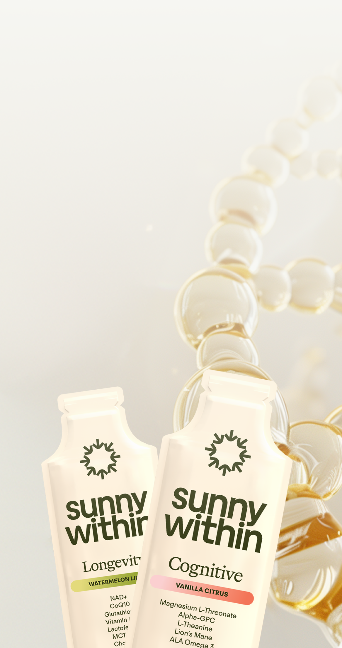 Sunny Within LC supplement - Radiant golden liquid in a sleek bottle - Energizes and nourishes from within.