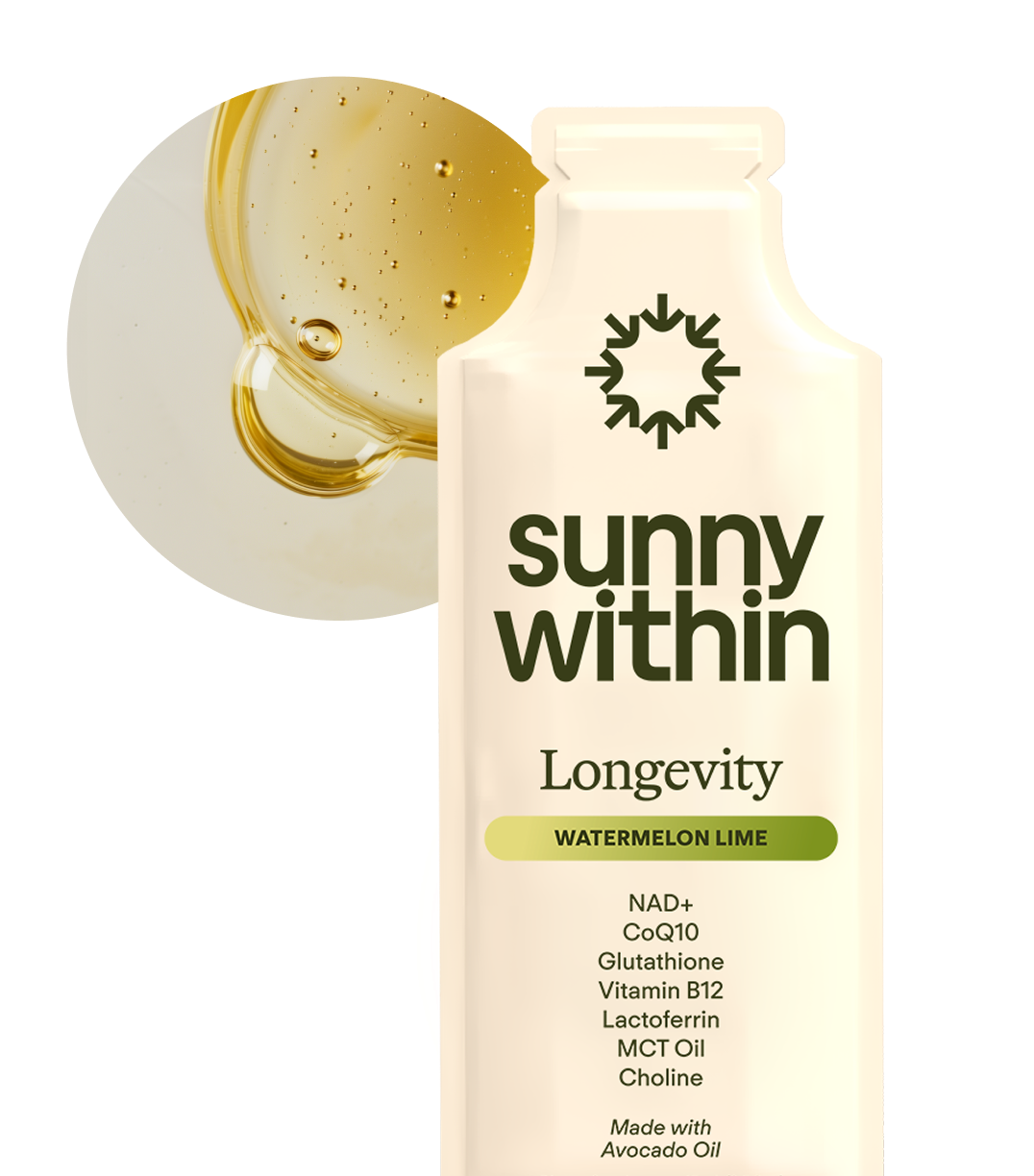 Sunny Within LC supplement - Radiant golden bottle with organic avocado oil - Energizes and nourishes from within.