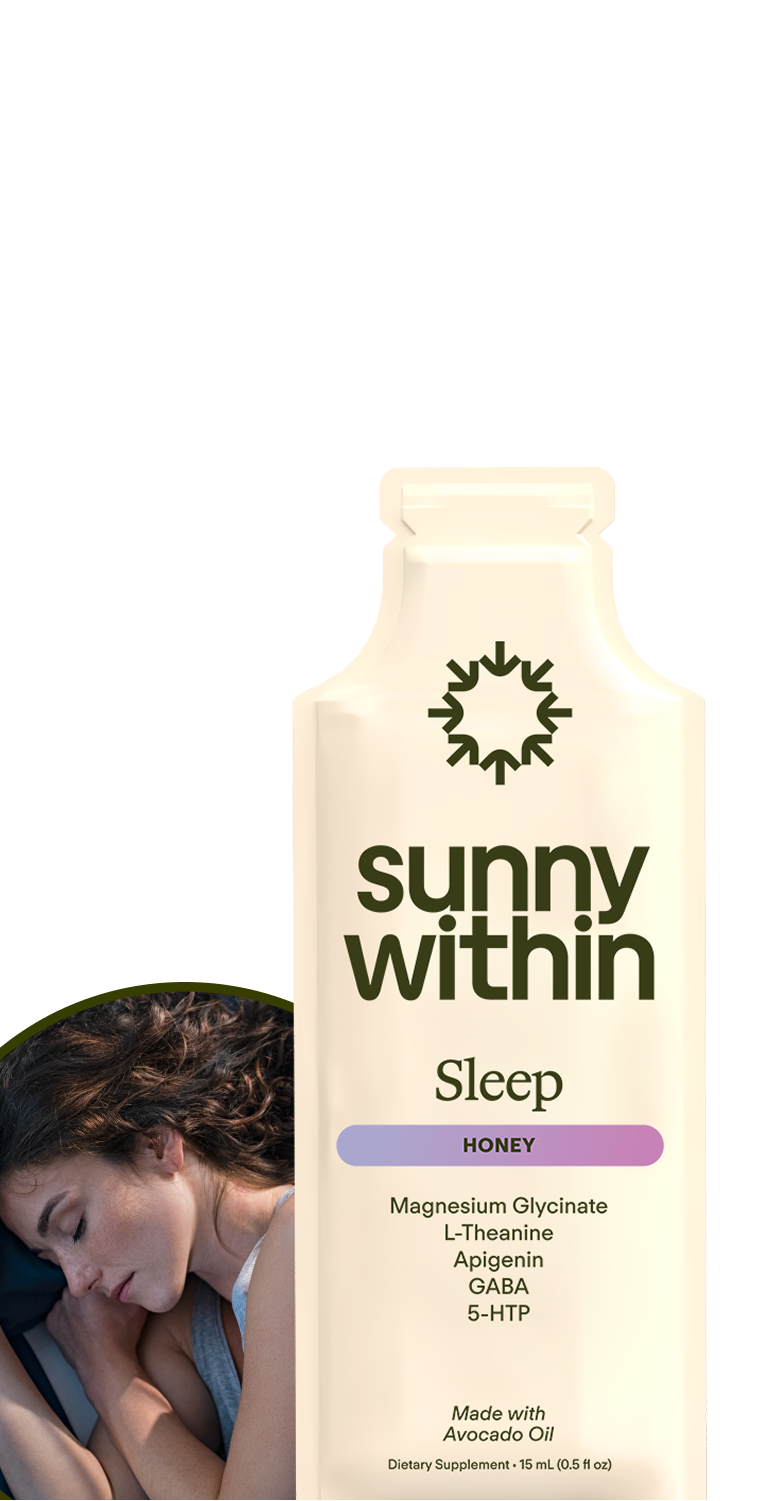 Sunny Within LS liposomal supplement - radiant woman holding bottle - energizes and nourishes from within.