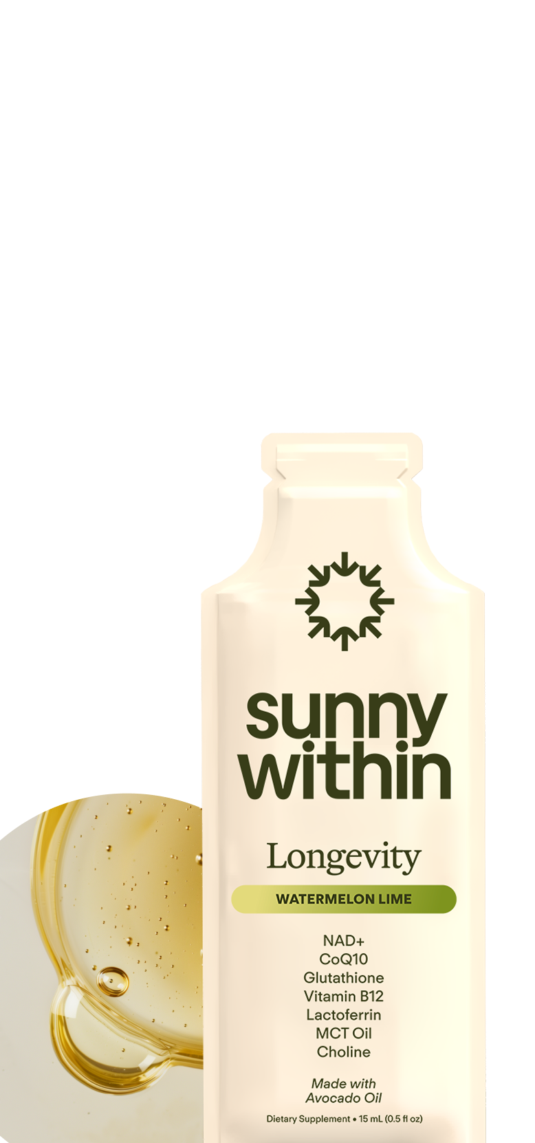 Sunny Within LS supplement - Radiant golden liquid in a sleek bottle - Energizes and nourishes from within.