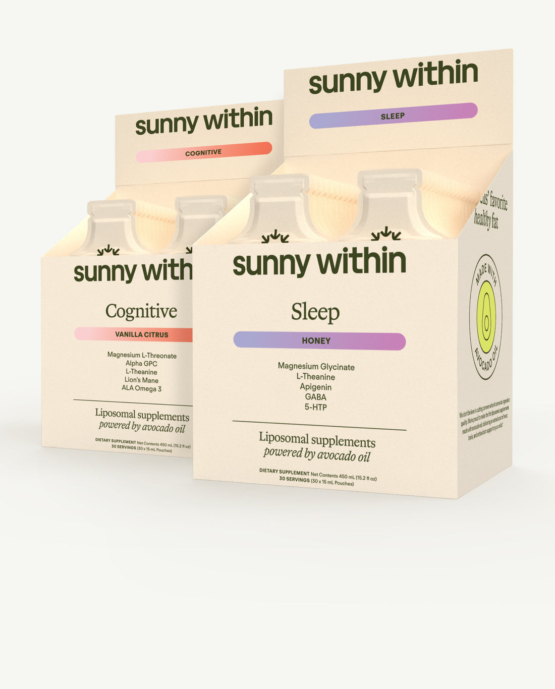 Sunny Within PDP Bundle - Cognitive Sleep supplements in packaging - Fuels radiant sleep and energizes morning wakefulness.