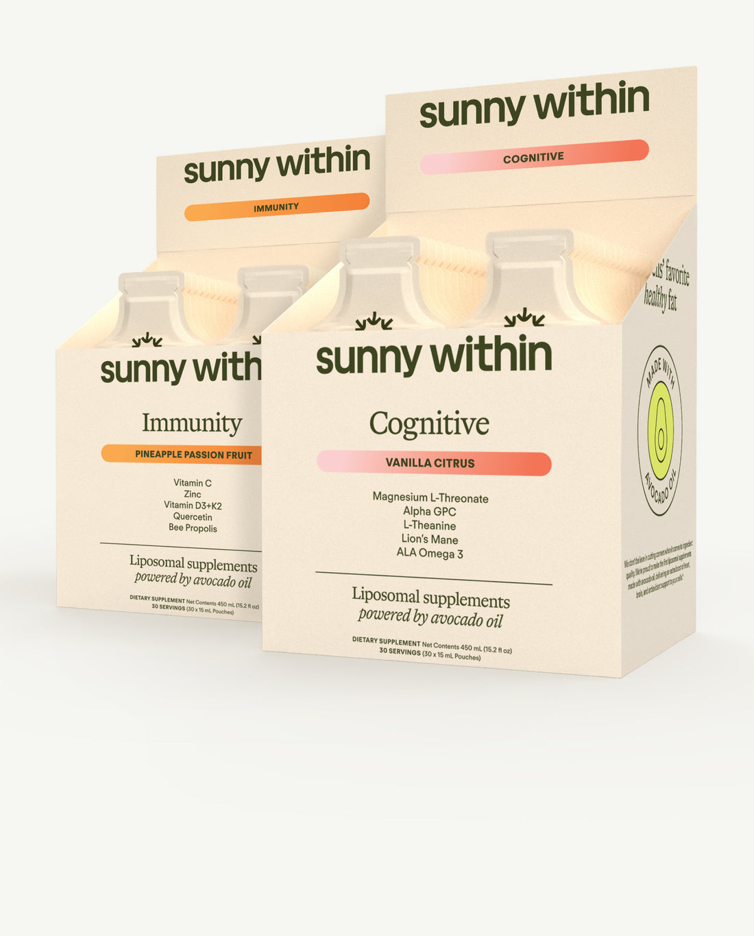 Sunny Within PDP bundle - Immunity and Cognitive supplements in vibrant packaging - Nourish and energize your body.