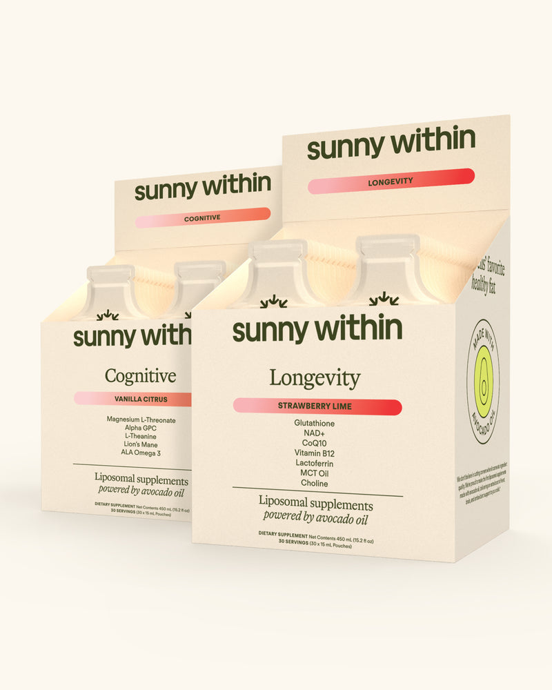 Sunny Within Longevity Strawberry Cognitive Bundle - Radiant, energizing liposomal supplements in sleek packaging.
