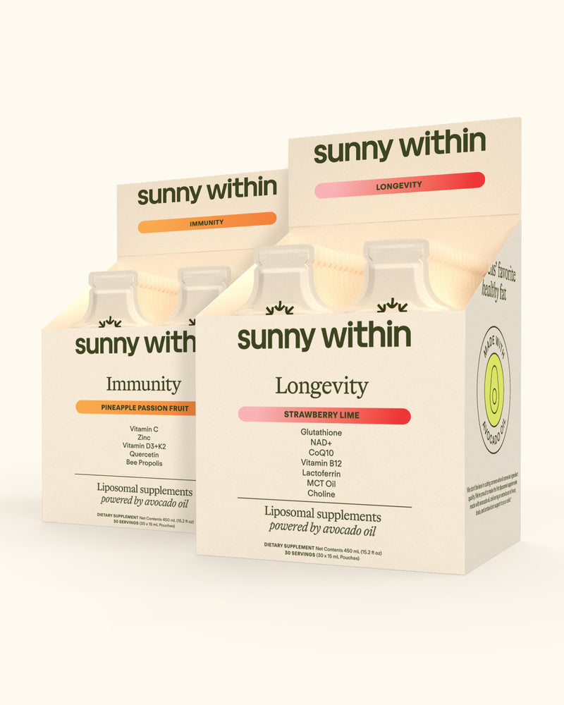 PDP Bundle - Sunny Within's liposomal supplements with organic avocado oil - nourishing skin and boosting cellular energy.
