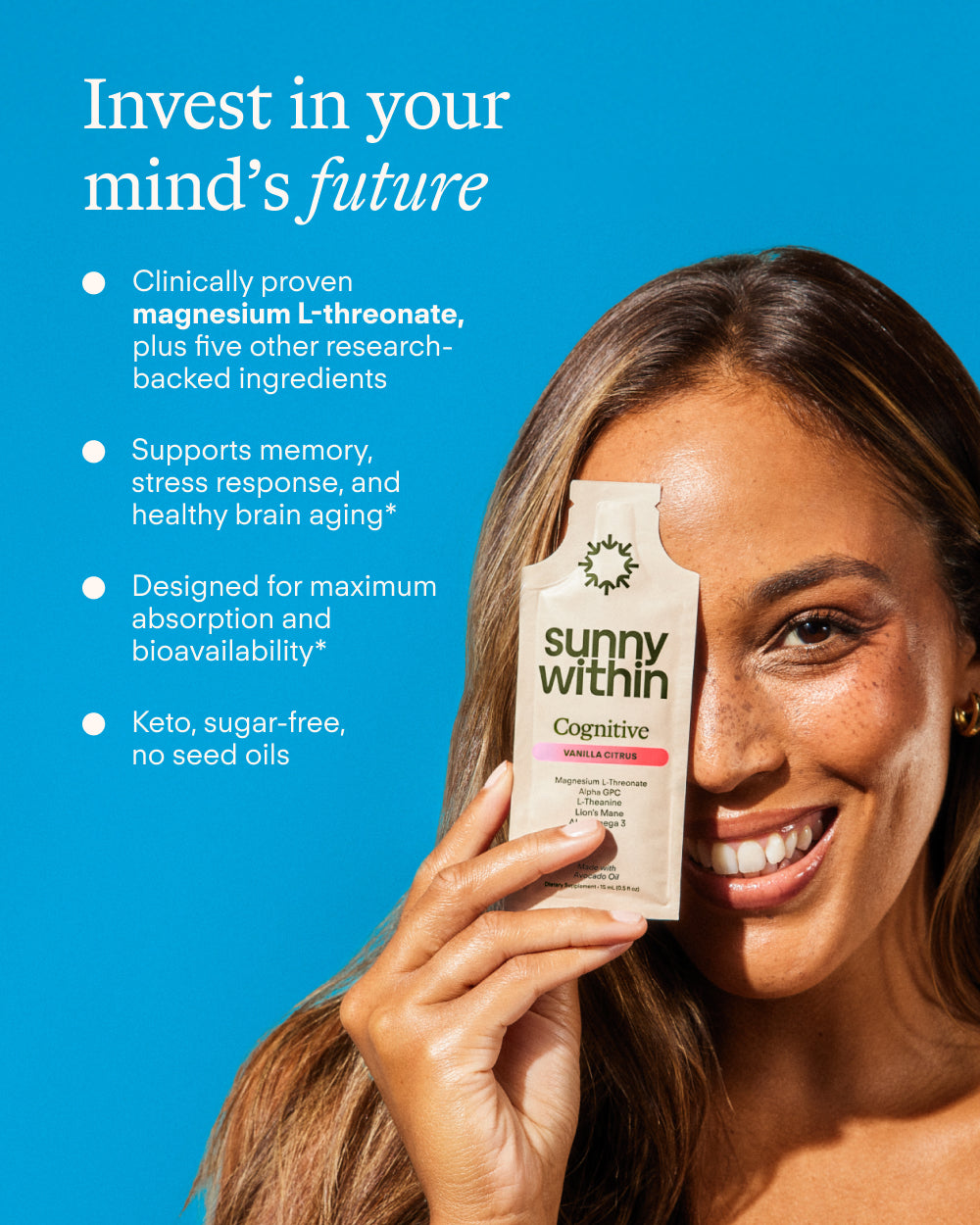 Woman holding a 'sunny within' supplement packet with product details on a blue background
