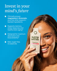Woman holding a 'sunny within' supplement packet with product details on a blue background