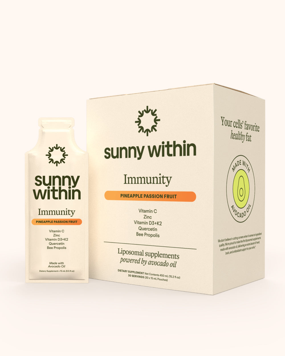 Immunity supplement by Sunny Within - Radiant packaging with organic ingredients - Fuels cellular energy and longevity.