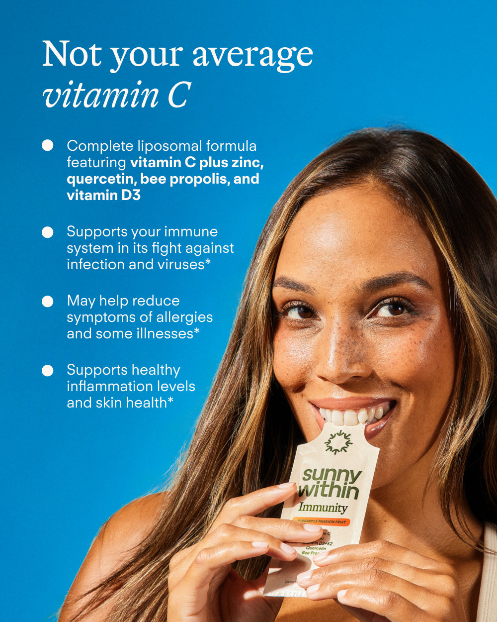 Radiant smile after using Sunny Within's liposomal supplement - Energizes and nourishes your cells.