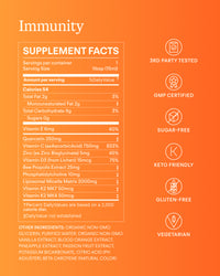An orange supplement facts label for Immunity with a large white nutrition panel on the left and feature callouts on the right including 3rd Party Tested, GMP Certified, Sugar-Free, Keto Friendly, Gluten Free, and Vegetarian.