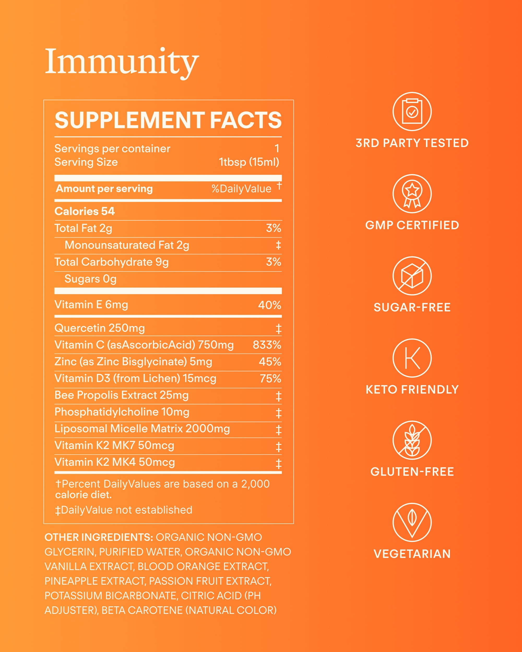 An orange supplement facts label for Immunity with a large white nutrition panel on the left and feature callouts on the right including 3rd Party Tested, GMP Certified, Sugar-Free, Keto Friendly, Gluten Free, and Vegetarian.