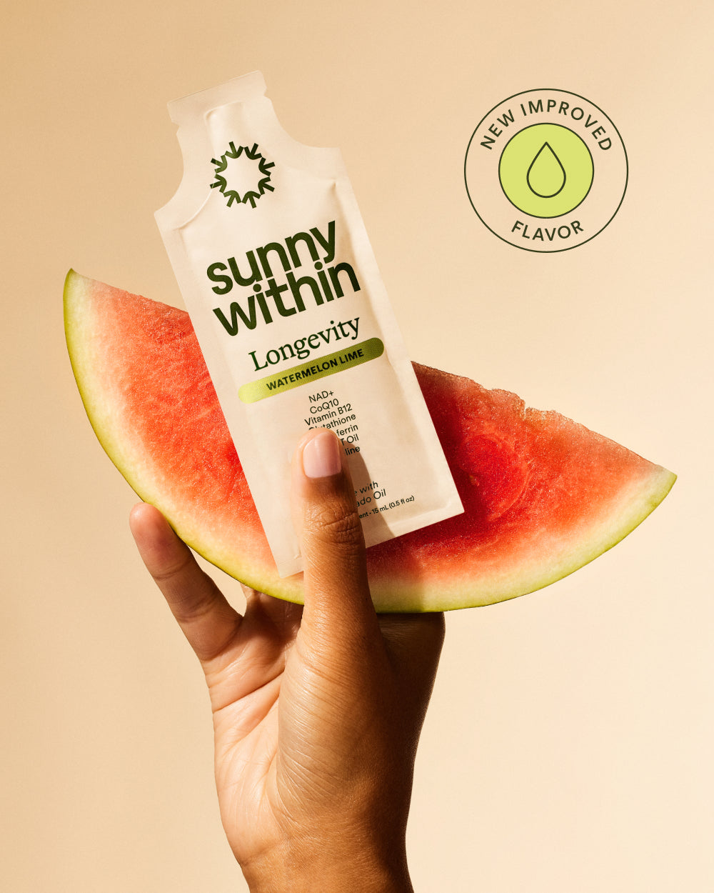 Sunny Within longevity supplement - radiant avocado oil-based formula in a sleek bottle - fuels cellular energy for vitality.