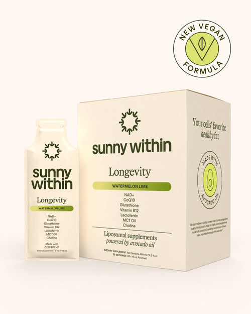 Longevity liposomal supplement by Sunny Within, radiantly packaged to energize and nourish your cells.
