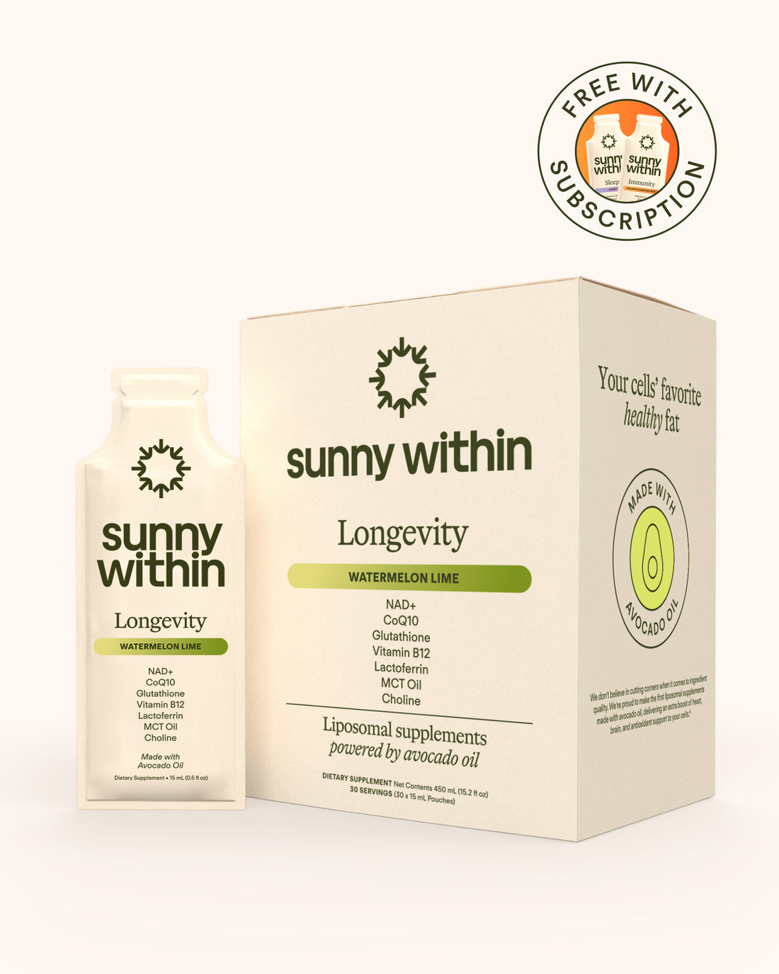 Sunny Within PDP Longevity 21 - Liposomal supplement in packaging - Fuels radiant, energized longevity.