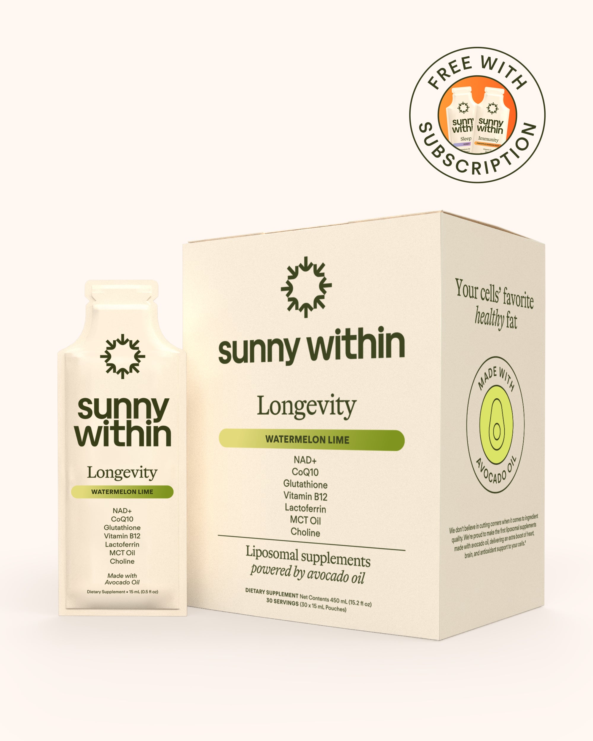 Sunny Within PDP Longevity 21 - Liposomal supplement in packaging - Fuels radiant, energized longevity.