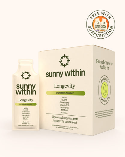 Sunny Within PDP Longevity 21 - Liposomal supplement in packaging - Fuels radiant, energized longevity.