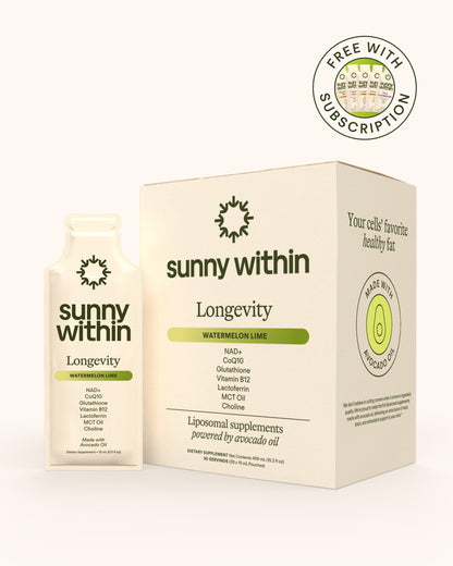 Sunny Within liposomal longevity supplement - Nourishing avocado oil formula in radiant packaging - Fuels cellular energy.