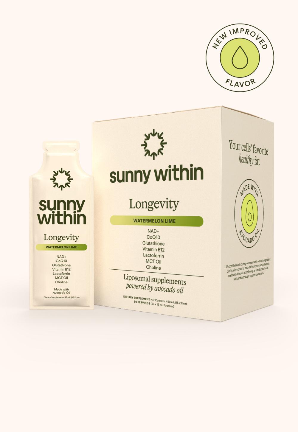 Longevity liposomal supplement by Sunny Within, packaged in a radiant, golden bottle, fueling cellular energy.