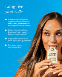 Longevity supplement from Sunny Within - radiant smile promoting cellular energy and a golden glow.