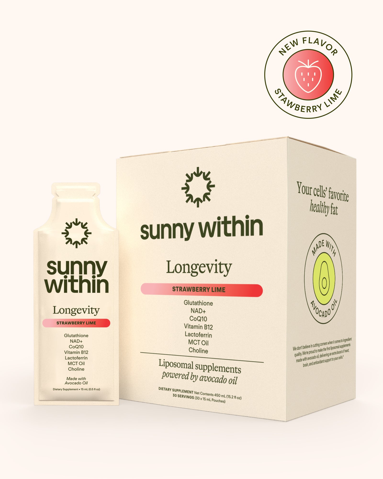 Sunny Within's Longevity Strawberry Liposomal Supplement - Radiant skin and energized cells.