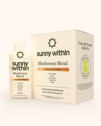 Sunny Within's liposomal mushroom supplement in organic avocado oil packaging, fueling radiant skin and energized cells.