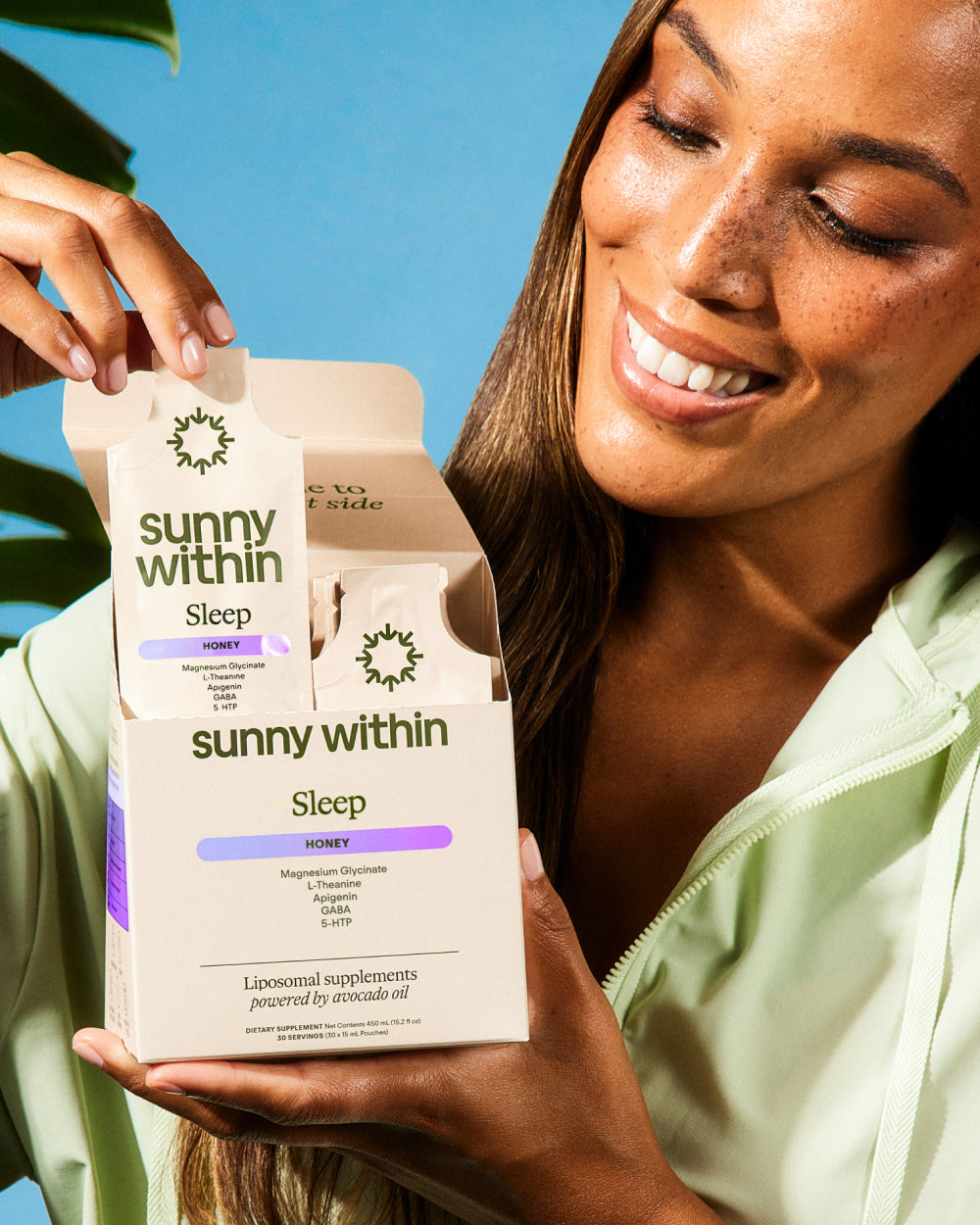 Sunny Within liposomal sleep supplement - joyful woman radiating calm and relaxation.