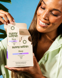 Sunny Within liposomal sleep supplement - joyful woman radiating calm and relaxation.