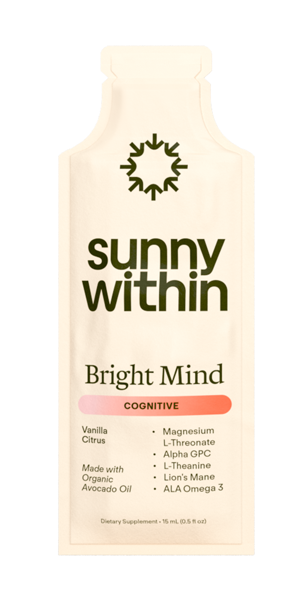 Sunny Within BrightMind Sachet - Organic avocado oil supplement in vibrant packaging - Fuels mental clarity and radiant energy.