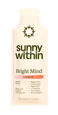 Sunny Within BrightMind Sachet - Organic avocado oil supplement in vibrant packaging - Fuels mental clarity and radiant energy.