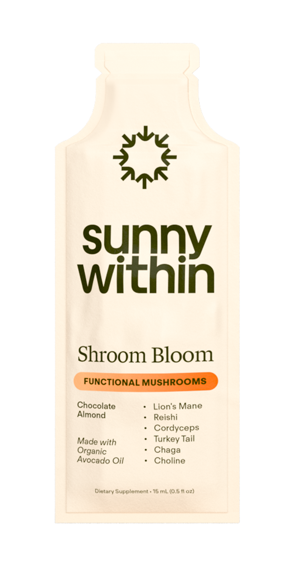 Sunny Within ShroomBloom supplement sachet - Organic liposomal wellness boost for radiant skin and energized cells.