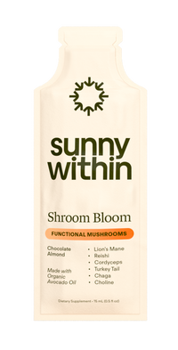 Sunny Within ShroomBloom supplement sachet - Organic liposomal wellness boost for radiant skin and energized cells.