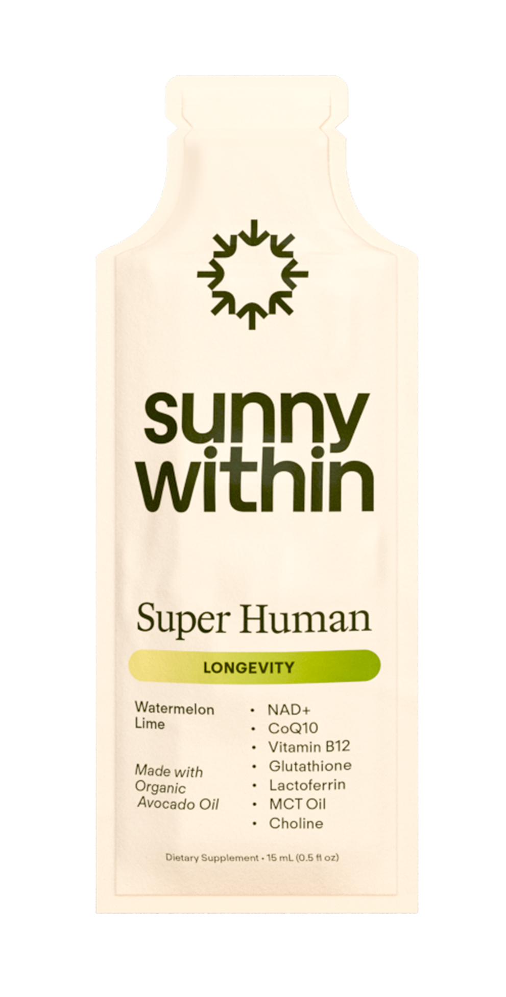 Sunny Within's SuperHuman Sachet - A radiant bottle of liposomal supplements - Fuels energized wellness.