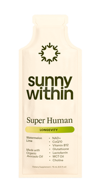 Sunny Within's SuperHuman Sachet - A radiant bottle of liposomal supplements - Fuels energized wellness.