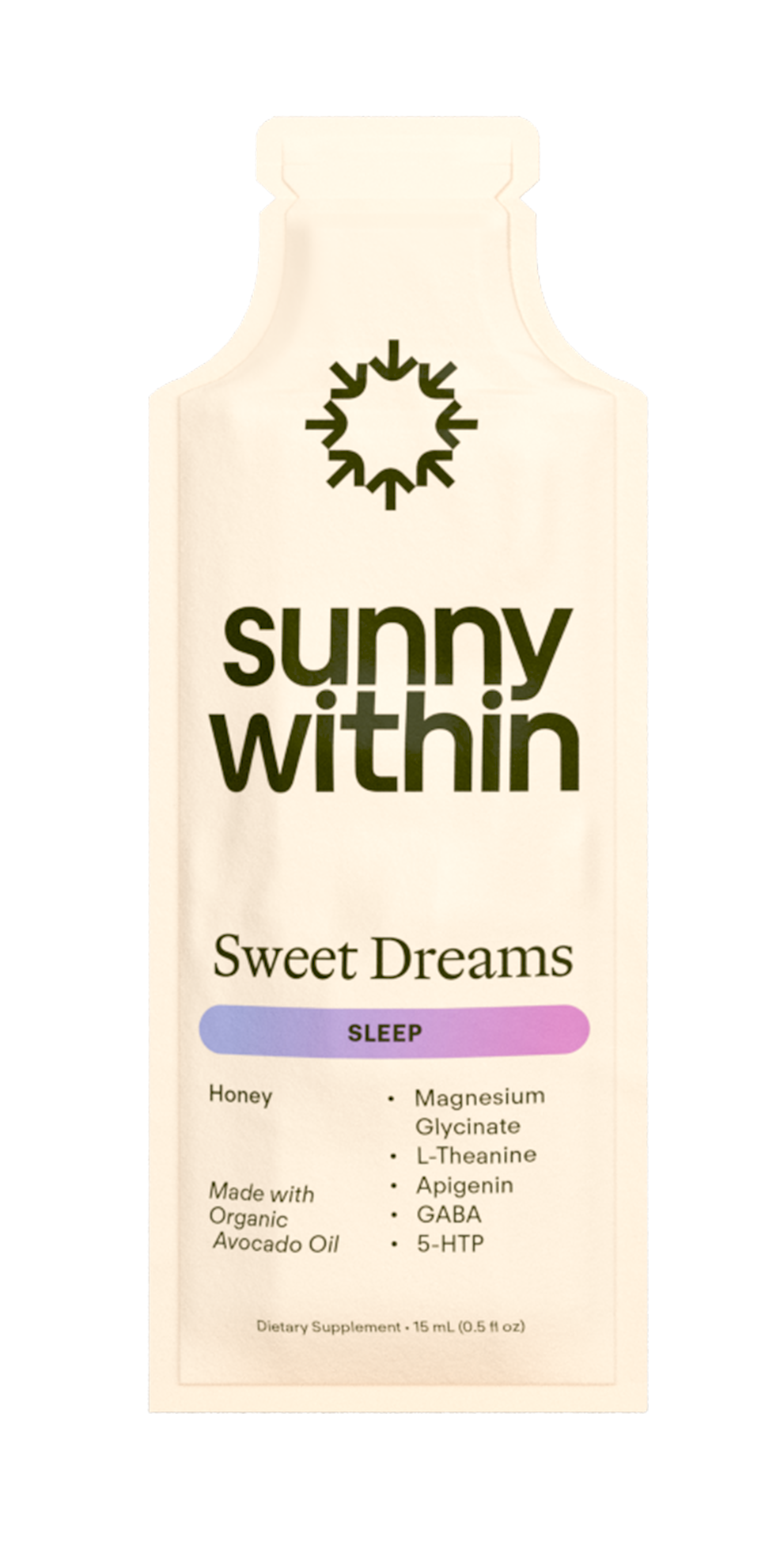 Sunny Within Sweet Dreams Sachet - Organic avocado oil liposomal supplement packaging - Fuels restful sleep and radiant mornings.