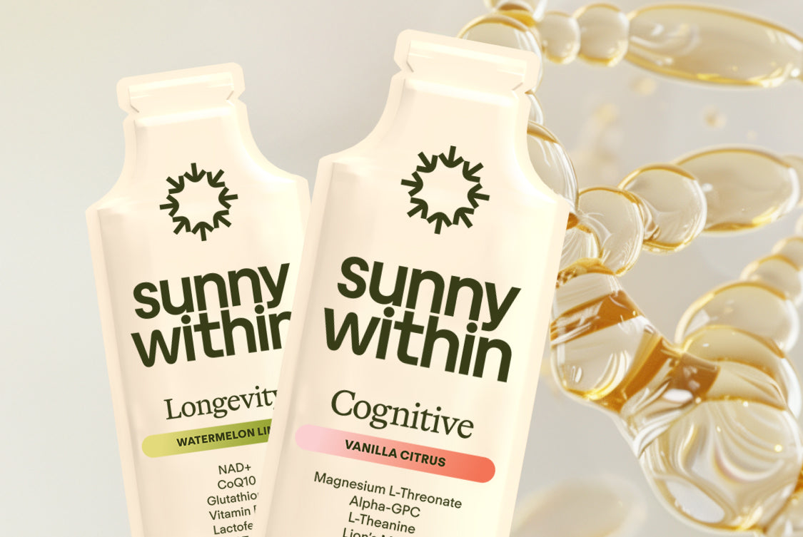 Sunny Within liposomal supplement bottle - Fuels radiant skin and energizes cells.